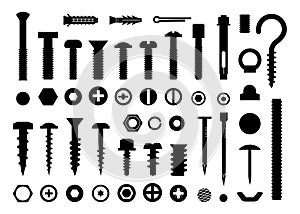 Screw tools set, bolt and nail nut. Hook and fastener, carpenter icons, building drill, clincher, business construction photo