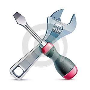 Screwdriver and adjustable wrench, realistic vector