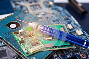 Screwdriver on the computer main board hardware.