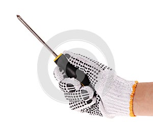 Screwdriver in hand with work glove