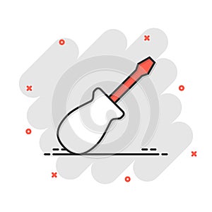 Screwdriver icon in comic style. Spanner key cartoon vector illustration on white isolated background. Repair equipment splash