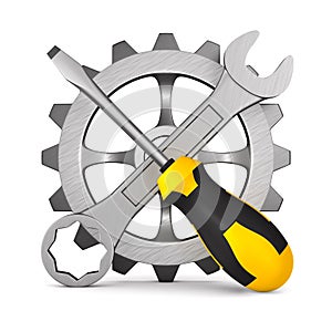 Screwdriver and turnscrew and gear on white background. Isolated 3D illustration