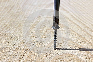 The screwdriver twists the screw into the board. Macro