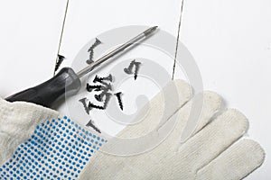 A screwdriver, work gloves, and a handful of screws. On white background