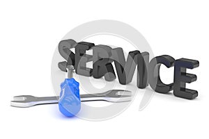 Screwdriver and wrench on white background. service concept. 3D Rendering.