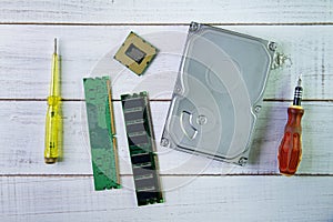 Screwdrivers, CPU chip and a hard disk on the white wooden back