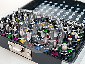 Screwdrivers-inserts, replaceable tips, nozzles, heads, bits, for a universal screwdriver bit holder, close-up, selective