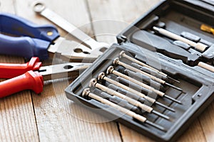 Screwdrivers set, pliers, instruments