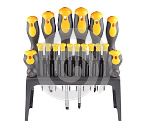 Screwdrivers, a set of tools in the toolbox, and isolated on a white background