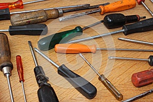 Screwdrivers on wooden surface