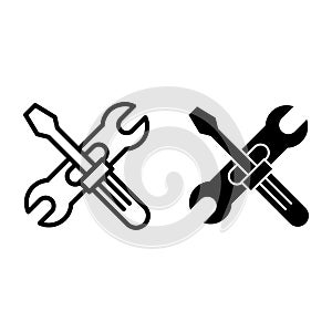 Screwdriwer and adjustable wrench line and glyph icon. Repair vector illustration isolated on white. Screwdriver and