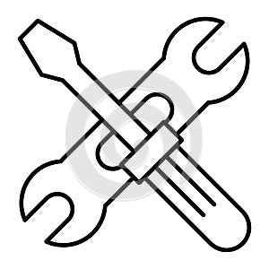 Screwdriwer and adjustable wrench thin line icon. Repair vector illustration isolated on white. Screwdriver and spanner
