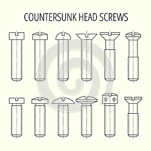 Screws with countersunk head. Different types of head and length