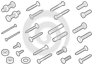 Screws / nuts / nails and wall plugs collection - vector isometric line illustration