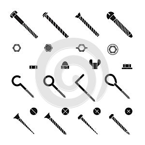 Screws, nuts and rivets icons vector set