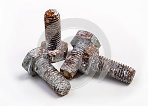 Screws old rusty nut with scale on white