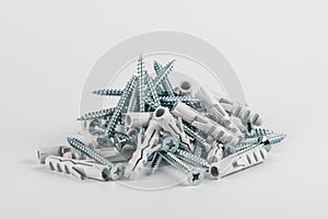 Screws with plastic dowels on a white background