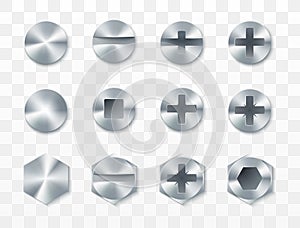 Screws, rivets and bolts set. Vector illustration isolated on transparent background