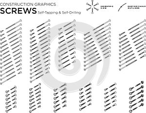 Screws, Self-Tapping, Self-Drilling fasteners. Easy editable outline graphics. Isometric view