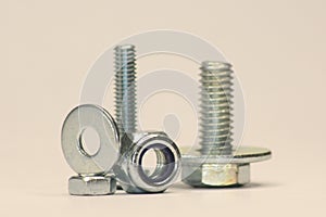 Screws with Washers and Nuts standing and lying on the Ground