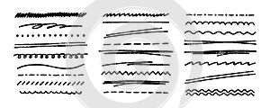 Scribble black crayon lines vector set. Chalk underline lines. Charcoal texture lines set. Grunge black horizontal lines
