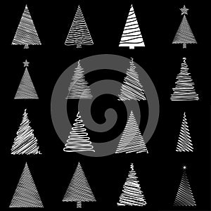 Scribble christmas tree set. Doodle fir tree collection. Hand-drawn festive vector illustration isolated on black background.