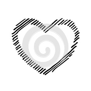 Scribble diagonal hatching, black heart shaped frame, symbol love for Valentines Day. Backdrop hand drawn image. Sketch shaded