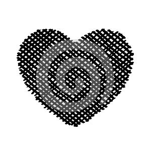 Scribble diagonal hatching criss cross Black heart, symbol love for Valentines Day. Backdrop hand drawn image. Sketch shaded