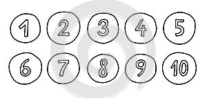Scribble hand drawn numbers from one to ten. Vector black line lettering isolated on white background.