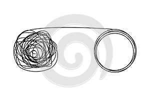 Scribble and hoop connection. Artistic linear contrast. Conceptual duality drawing. Vector illustration. EPS 10.