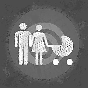 Scribble icon dad and mom with baby in stroller on gray vintage background .