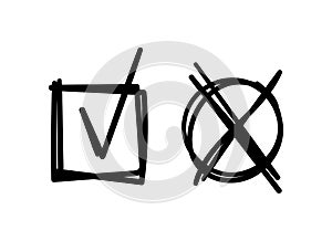 Scribble pen drawn check marks. Doodle tickbox and cross in a round shape. Agree or disagree sign. Vector illustration