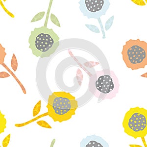 Scribbled abstract flowers and textured stems with leaves. Vector seamless pattern background. Scattered yellow, orange