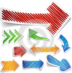 Scribbled color arrows set.