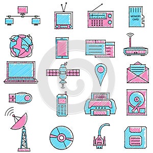 Scribbled communication and technology icon set