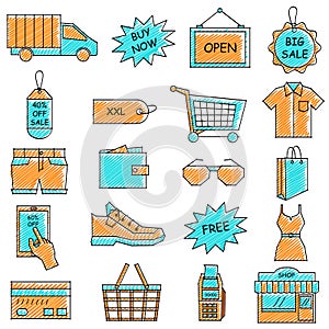 Scribbled e commerce and online shopping icon set photo
