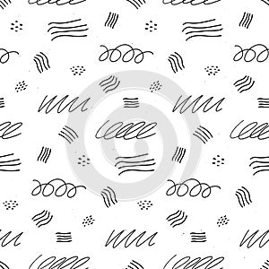 Scribbled Geometric Monochrome Grunge Seamless Pattern. For vintage fabric, textile, wallpaper, wrapping paper