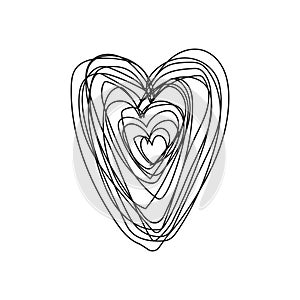 Scribbled hearts entwined. Linear love expression. Dynamic affection symbol. Vector illustration. EPS 10.