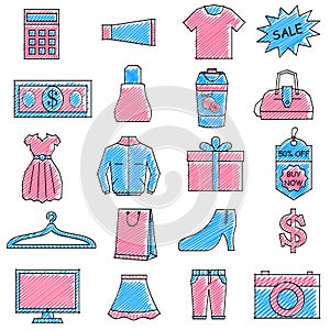 Scribbled shopping icon set