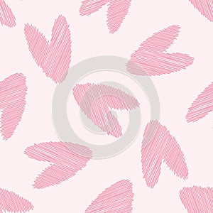 Scribbled vector pink heart seamless pattern background. Backdrop with delicate pencil effect scattered rosy color