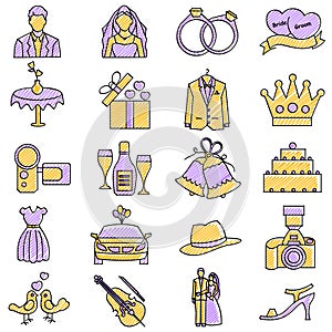 Scribbled wedding icon set