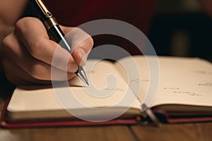 Scribbling thoughts, Close-up of man\'s hand writing in his notebook photo