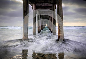 Scripps Pier view during sunset with waves from under, La Jolla San Diego, California