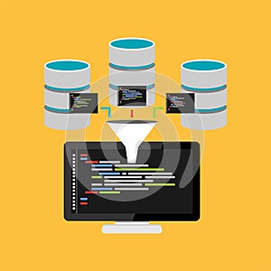 Script code for database query. Data mining process concept illustration