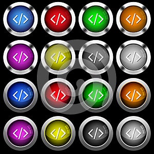 Script code white icons in round glossy buttons on black background