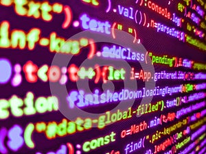 Script on computer. Hi-tech modern screen of data, digits and chars on monitor. Coding css on mornitor at the office - for