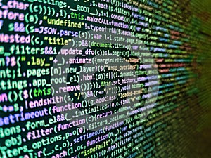 Script on computer with source code. Programming code abstract screen of software developer. Mobile app developer. Abstract