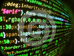Script on computer with source code. Computer science lesson. Background matrix style. Abstract technological background with