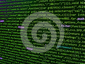 Script on computer with source code. Simple website HTML code with colorful tags in browser view on dark background. Javascript