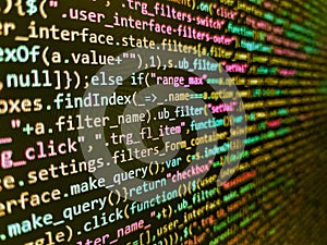 Script on computer with source code. WWW software development. Computer code on laptop web developing. Tensorflow AI concept.
